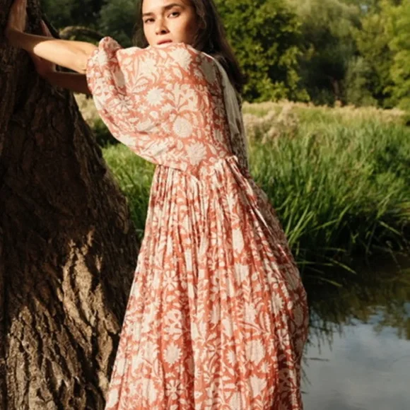 Daughters of India Floral Midi Dress - Cream and Brown - Picture 2 of 4